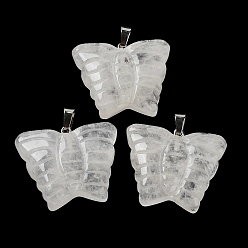 Quartz Crystal Natural Quartz Crystal Carved Pendants, Butterfly Charms with Platinum Plated Brass Snap on Bails, 30x35.5x7mm, Hole: 7x4.5mm