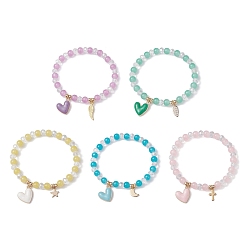 Mixed Color Glass Round Beaded Stretch Bracelets, with Alloy Wing & 304 Stainless Steel Heart Charms, Mixed Color, Inner Diameter: 2-1/8 inch(5.4cm)