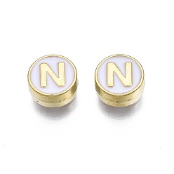Letter N Alloy Enamel Beads, Cadmium Free & Lead Free, Light Gold, Flat Round with Alphabet, White, Letter.N, 8x4mm, Hole: 1.5mm
