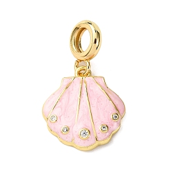 Pink Латунные эмалированные европейские подвески с подвесками, подвески в форме ракушки с большим отверстием и прозрачными кубическими цирконами, долговечный, стойки покрытие, без кадмия и без свинца, реальный 18 k позолоченный, розовые, 30 мм, отверстие : 5.5 мм