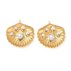 Лиловый 304 подвески из нержавеющей стали, с пластмассовой жемчужиной abs, подвески в форме ракушек, ионное покрытие (ip), реальный 18 k позолоченный, сирень, 26.5x26x7 мм, отверстие : 1.5 мм