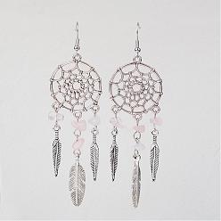 Rose Quartz Natural Rose Quartz Dangle Earrings, with Metal Findings, Woven Net/Web with Feather Earrings, 95mm, Pin, 0.6mm