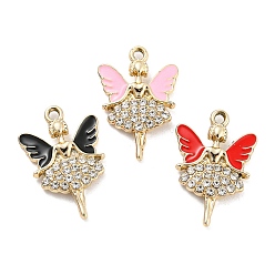Mixed Color UV Plating Golden Alloy Enamel Pendants, with Rhinestone, Girl with Wings Charms, Mixed Color, 25.5x17x3mm, Hole: 1.8mm