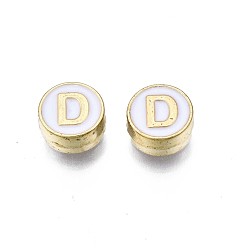 Letter D Alloy Enamel Beads, Cadmium Free & Lead Free, Light Gold, Flat Round with Alphabet, White, Letter.D, 8x4mm, Hole: 1.5mm
