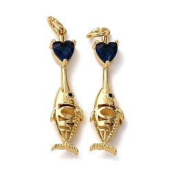 Полуночно-синий Кулон из циркония, с целью перехода в кольце, рыбки с сердечками, стойки покрытие, долговечный, без свинца и без кадмия, реальный 18 k позолоченный, темно-синий, 30x7.5x3 мм, отверстие : 3.5 мм