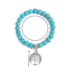 Tree of Life Synthetic Turquoise Beaded Bracelets, Bohemia Style Alloy Charms Stretch Bracelets for Women, Tree of Life Pattern, 6-3/4 inch(17cm), 8mm