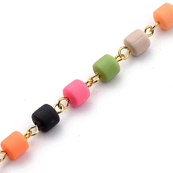 Colorful Handmade Polymer Clay Beaded Chains, with Golden Plated Brass Eye Pin, for Bracelet Necklace Making, Colorful, Column Beads: 6.3x6mm, 39-3/8 inch(100cm)/strand