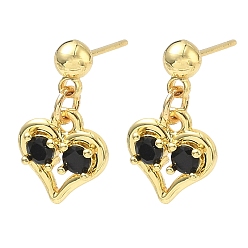 Черный Серьги-гвоздики в форме сердца из латуни с микропаве из кубического циркония ко Дню святого Валентина, без кадмия и без свинца, долговечный, стойки покрытие, реальный 18 k позолоченный, чёрные, 18x10 мм