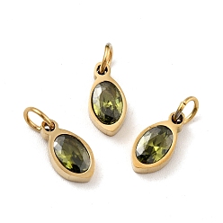 Olive Drab Vacuum Plating 304 Stainless Steel Pendants, with Cubic Zirconia and Jump Rings, Single Stone Charms, Oval, Golden, Olive Drab, 10x5x3mm, Hole: 3.4mm