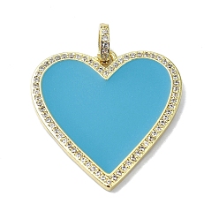 Deep Sky Blue Rack Plating Real 18K Gold Plated Brass Micro Pave Cubic Zirconia Pendants, with Enamel, Long-Lasting Plated, Lead Free & Cadmium Free, Heart, Deep Sky Blue, 31x30.5x2.5mm, Hole: 4.5x3mm