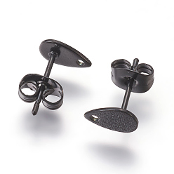 Noir Placage ionique (ip) 304 découvertes de boucles d'oreilles en acier inoxydable pour breloques pendantes, goutte d'eau texturée, noir, 10x6x0.7mm, Trou: 1.2mm, pin: 0.7 mm