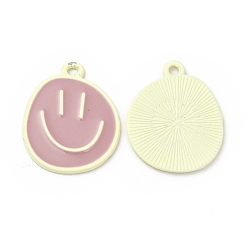 Beige Spray Painted Alloy Pendants, Cadmium Free & Nickel Free & Lead Free, Flat Round with Smiling Face Pattern Charm, Beige, 25x20x1.5mm, Hole: 2mm