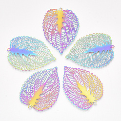 Rainbow Color Ion Plating(IP) 201 Stainless Steel Filigree Pendants, Etched Metal Embellishments, Leaf, Rainbow Color, 47x35x0.2mm, Hole: 1.6mm