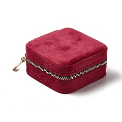 Red Square Velvet Jewelry Zipper Boxes, Portable Travel Jewelry Storage Case with Alloy Zipper, for Earrings, Rings, Necklaces, Bracelets Storage, Red, 10x9.5x4.7cm