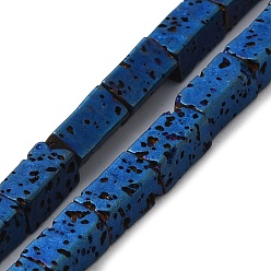 Blue Plated Electroplated Natural Lava Rock Beads Strands, Rectangle, Blue Plated, 8x4x4mm, Hole: 1mm, about 51pcs/strand, 16.38''~16.54''(41.6~42cm)