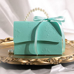 Бирюза Свадебное платье в европейском стиле, бумажные коробки для упаковки конфет и подарков с лентой и искусственным жемчугом из АБС-пластика, складные ящики для хранения на свадьбу, форма сумочки, бирюзовые, 7.5x13x8.5 см