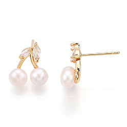 Real 18K Gold Plated Natural Pearl Stud Earrings with Cubic Zirconia, Brass Cherry
 Earrings with 925 Sterling Silver Pins, Cadmium Free & Nickel Free & Lead Free, Real 18K Gold Plated, 13x12mm, Pin: 0.8mm