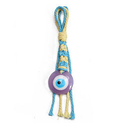 Old Rose Flat Round with Evil Eye Resin Pendant Decorations, Cotton Cord Braided Tassel Hanging Ornament, Old Rose, 145mm