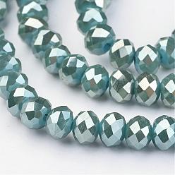 Dark Turquoise Electroplate Glass Beads Strands,  Full Rainbow Plated, Faceted Rondelle, Dark Turquoise, 6x4mm, Hole: 1mm, about 100pcs/strand, 15.7 inch