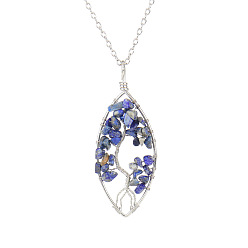 Sodalite Natural Sodalite Chips Beaded Horse Eye with Tree Pendant Necklaces, with Platinum Brass Chains, 20.08 inch(51cm)