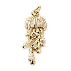 Белый Латунь эмаль подвески, с пластмассовой жемчужиной abs, с прыжковых колец, стойки покрытие, медуза, реальный 18 k позолоченный, белые, 27x10.5x3 мм