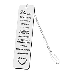 Heart Rectangle with Quote You Are Beautiful Psalm Bookmark, Stainless Steel Bookmark, Feather Pendant Bookmark with Long Chain, Heart Pattern, 120x30mm