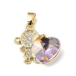 Lilac Real 18K Gold Plated Rack Plating Brass Micro Pave Clear Cubic Zirconia Pendants, with Glass, Long-Lasting Plated, Cadmium Free & Lead Free, Girl with Heart Charm, Lilac, 20.8x17x8mm, Hole: 6x3mm