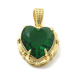 Зеленый Латунь стекло амулеты, сердце прелести, стойки покрытие, долговечный, без свинца и без кадмия, граненые, реальный 18 k позолоченный, зелёные, 14.5x13.5x6.5 мм, отверстие : 2x3.5 мм