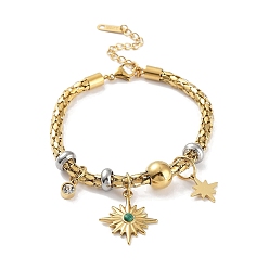 Golden Crystal Rhinestone Star Charm Bracelet, with Ion Plating(IP) 304 Stainless Steel Popcorn Chains, Golden, 7-1/4 inch(18.5cm)