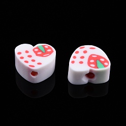 White Handmade Polymer Clay Beads, Heart with Strawberry Pattern, White, 7~10x8~10.5x4~5mm, Hole: 1.5mm