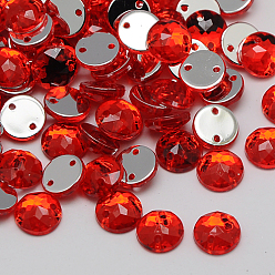 Красный Шить на горный хрусталь, Тайвань акриловые горный хрусталь, два отверстия, аксессуары для одежды, граненые, полукруглые / купольные, красные, 12x4 мм, отверстие: 1 мм