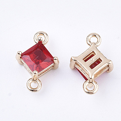 Red Transparent Glass Links connectors, with Brass Findings, Faceted, Rhombus, Light Gold, Red, 11x7x4mm, Hole: 1mm, Side Length: 5mm
