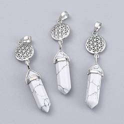 Howlite Synthetic Howlite Pointed Big Pendants, with Platinum Plated Brass Findings, Faceted, Bullet & Flower of Life, 59~67x14~15mm, Hole: 7x5mm