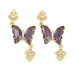 Purple Brass Micro Pave Cubic Zirconia Connector Charms, Butterfly with Flower Links, with Glass, Lead Free & Cadmium Free, Long-Lasting Plated, Rack Plating, Real 18K Gold Plated, Purple, 46x21x4mm, Hole: 1.4mm
