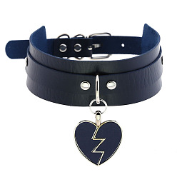 Deep blue Rocking Heart Pendant Collar with Double-layer Leather Chain and Lock Clavicle Necklace