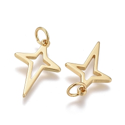 Real 18K Gold Plated Brass Pendants, with Jump Rings, Long-Lasting Plated, Hollow, Hollow Star, Real 18K Gold Plated, 20x12x1mm, Hole: 3mm