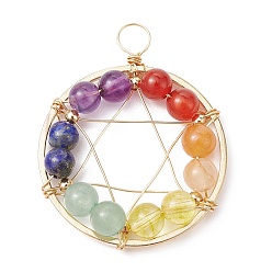 Mixed Stone Gemstone Copper Wire Wrapped Pendants, Chakra Flat Round Charms with Brass Beads, Mixed Dyed and Undyed, Golden, 31x25x4.5mm, Hole: 4mm