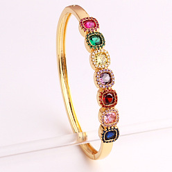 Rainbow zirconia Fashionable Copper Plated Real Gold Micro Inlaid Square Colorful Bangle with High Color Retention