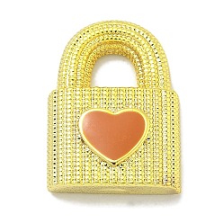 Оранжевый Подвески из латуни с эмалью в стойку, долговечный, без свинца и без кадмия, замок с сердечками, реальный 18 k позолоченный, оранжевые, 17x12x4 мм, отверстие : 4.5x4.5 мм