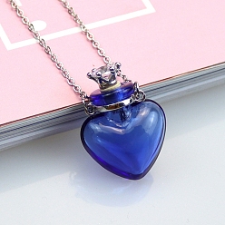 Royal Blue Lampwork Heart Perfume Bottle Necklaces, Pendant Necklace with Stainless Steel Chains, Royal Blue, 23.62 inch(60cm)