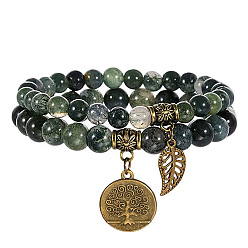 Мосс Агат 2шт. браслеты из круглых бусин натурального мохового агата, браслеты с подвесками из сплава для женщин, дерево жизни и листья, античная бронза, 7 дюйм (17.8 см)