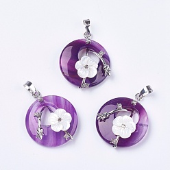 Natural Agate Natural Agate Pendants, with Shell, Rhinestone and Platinum Tone Brass Findings, Flat Round with Flower, 35.5~36x28x8mm, Hole: 5x8mm