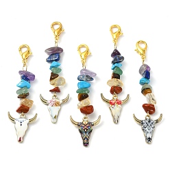 Mixed Color Alloy Ox-Head Shape Enamel Pendants Decorations, with Alloy Lobster Claw Clasps and Chakra Gemstone Chip Beads, Mixed Color, 73~76mm