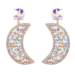 Crystal AB Sparkling Rhinestone Crescent Moon Dangle Stud Earrings, Golden Alloy Long Drop Earrings for Women, Crystal AB, 74x37mm