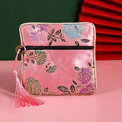 Pink Floral Print Polyester Jewelry Storage Zipper Pouches, with Tassels, Square, Pink, 12x12cm