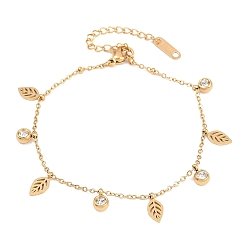 Золотой 304 Браслеты из нержавеющей стали с подвесками из страз, браслеты-цепочки для женщин, лист и плоский круглый, золотые, 6.89 дюйм (17.5 см)