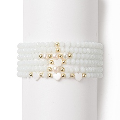 White 6Pcs 6 Style Natural Shell & Glass Star & Round Beaded Stretch Bracelets Set for Women, White, Inner Diameter: 2-1/4 inch(5.7cm), 1Pc/style