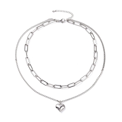 Нержавеющая Сталь Цвет Не тускнеет 304 многослойное ожерелье из нержавеющей стали с двойной цепочкой и подвеской в виде сердца для женщин, цвет нержавеющей стали, 16.34 дюйм (41.5 см)