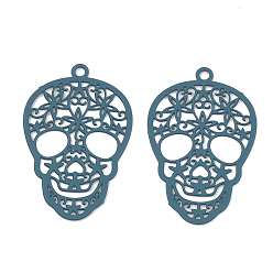 Cadet Blue 430 Stainless Steel Filigree Pendants, Spray Painted, Etched Metal Embellishments, Skull, Cadet Blue, 23x15x0.5mm, Hole: 1.2mm