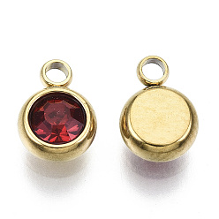 Светло-сиамский Вакуумное покрытие pvd 201 подвески из нержавеющей стали со стразами, очарование камня, плоско-круглые, реальный 18 k позолоченный, Light Siam, 8.5x6x3 мм, отверстие : 1.5 мм
